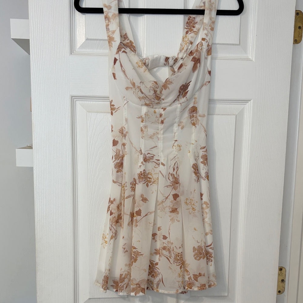 Elegant Floral Mini Dress - Cream and Brown
